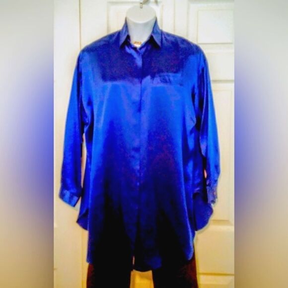 #153 Saks Fifth Avenue Silk long Royal Blue Tunic Top - Picture 6 of 8